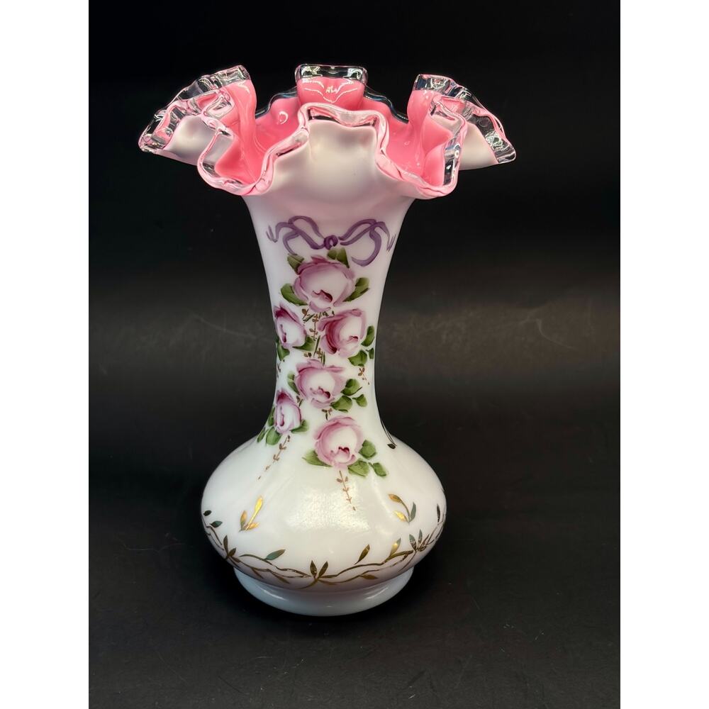 Charlton Hand Painted Satin Glass Vase Pink Ruffle Rim Roses Gold Gilt 8”